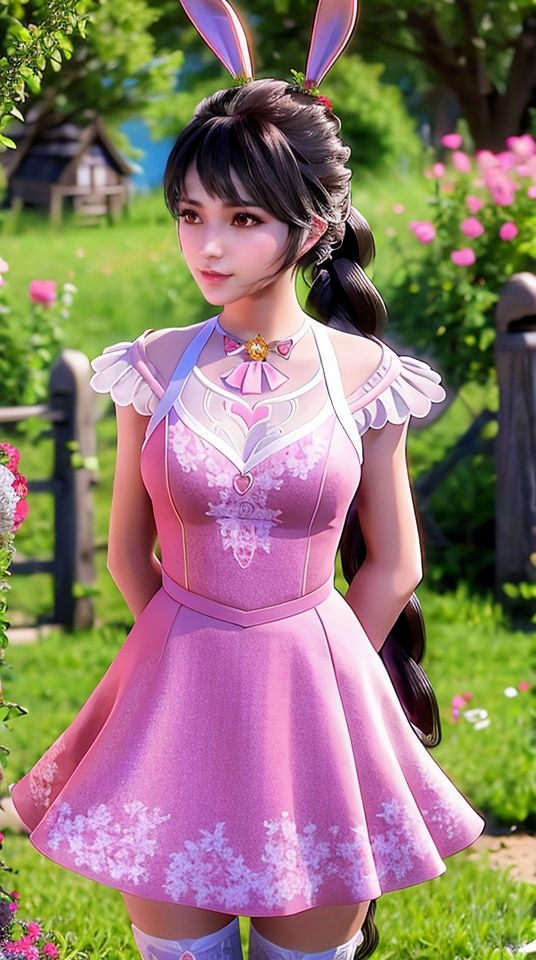 A girl,Rabbit ear,Black hair,Braid a braid,Pink skirt,Stockings,Wilderness,Blooming with flowers,a sea of flowers,garden,Blue Sky Background,,<lora:08cc9c57ef59bee85f9d8efe1acb8417859191fcce1bad911556cbfef549cd85:0.6>
