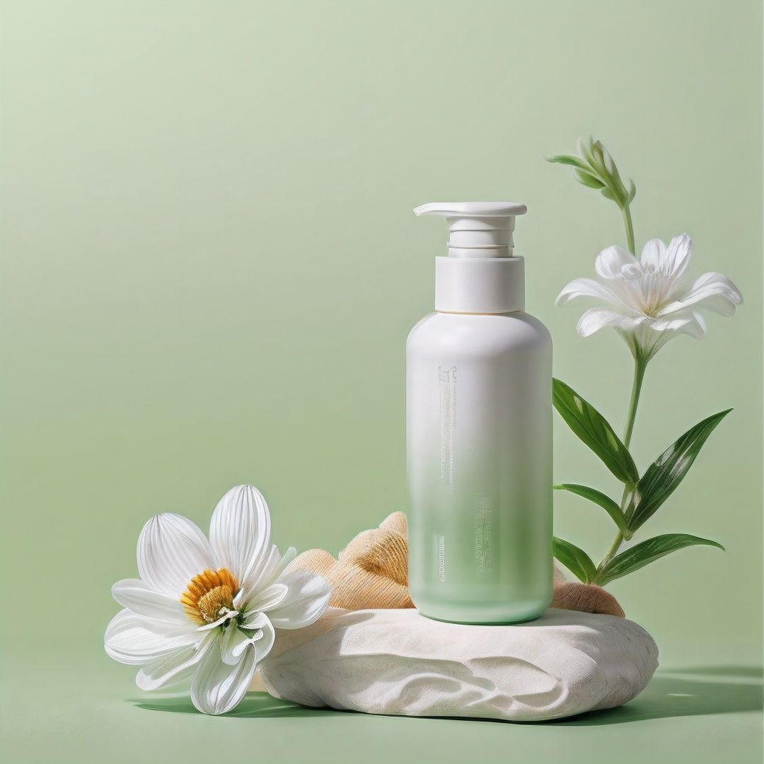  green(style),Bottle, white flower, white tea flower, water, beach, stone, gradient background, light green background, high detail, simple, Advanced, environment, Huge flowers