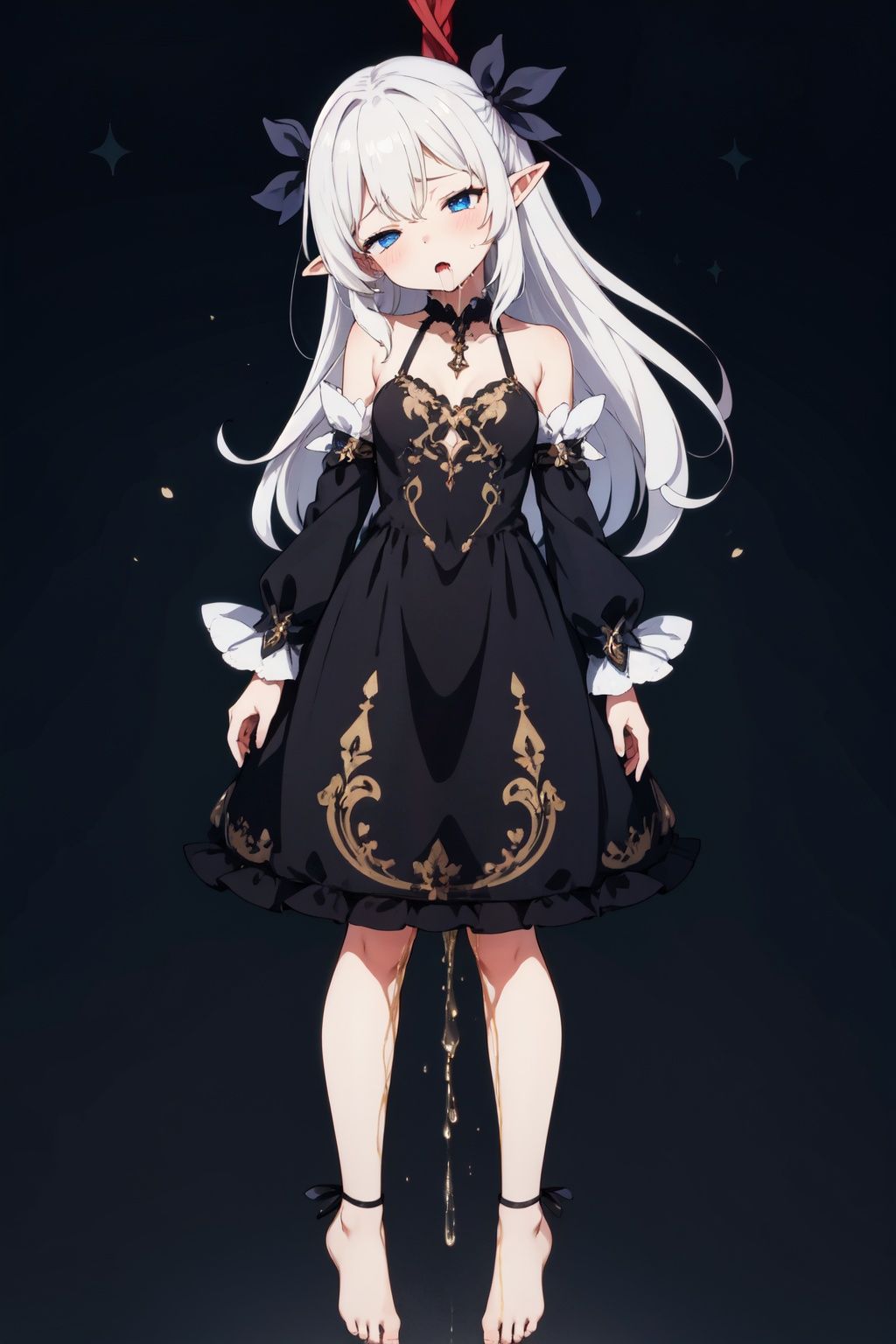 hanging, 1girl,urine stain, ,pee,,, solo, dress, long hair, black dress, shoes, bare shoulders, simple background, white background, detached sleeves, barefoot, breasts, white hair, pee,, , full body,  shoes removed, small breasts, vampire, very long hair, pointy ears, high heels,  ribbon, , hair ribbon, black footwear,closed_eyes,dead,mouth_open,drooling,fainted eyes,head tilt,
,Anime
