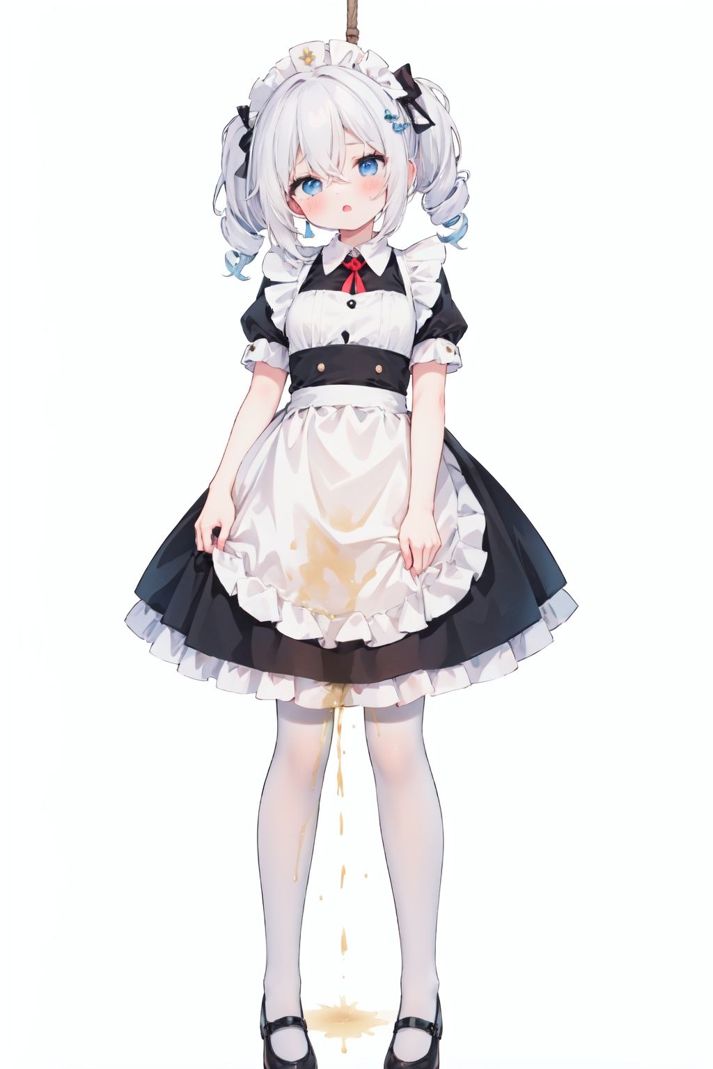 hanging, 1girl,urine stain, ,pee,peeing,hand down,,, maid headdress, solo, maid, white background, drill hair, twin drills, full body,  white hair, simple background, bangs, apron,  shoes, blue eyes,  dress, short sleeves, pee,peeing,,, long hair, maid apron, black footwear, kiana kaslana, , white thighhighs, theresa apocalypse, thighhighs, hair ornament, black dress, enmaided, shoes removed, hair between eyes
,urine_stain,head_tilt,empty_eyes,rolling_eyes,mouth_open