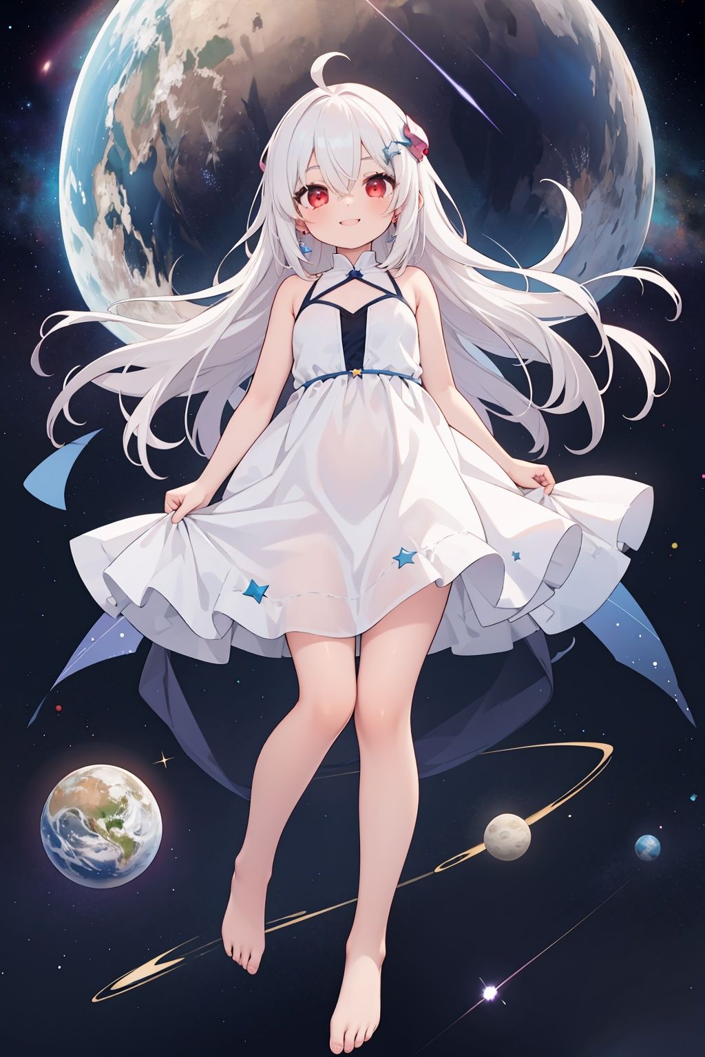 1girl, dress, long hair, red eyes, solo, planet, white dress, barefoot, space, very long hair, floating hair, sleeveless, looking at viewer, star (sky), sleeveless dress, hair ornament, bangs, moon, full body, earth (planet), floating, ahoge, white hair, bare shoulders, sky, star (symbol), bare legs, smile, starry sky, hair between eyes