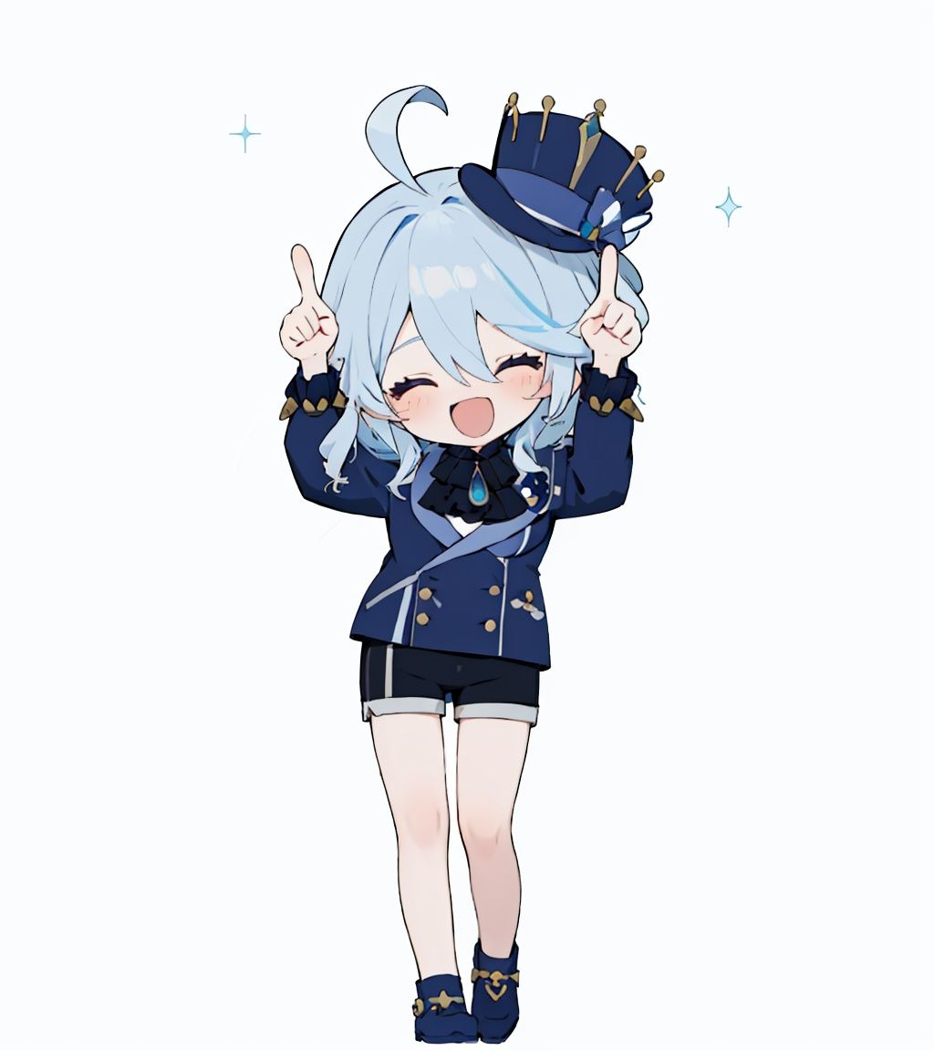 1girl,solo, <lora:char-furina:0.95> ,mini hat, ahoge,  closed eyes,blue jacket,shorts,gem, ascot, double-breasted,  ,, open mouth, <lora:Internet Yamero-UP:0.75> ,smile, chibi, full body,   internet yamero, smile, open mouth, finger raised, ^ ^, closed eyes, simple background