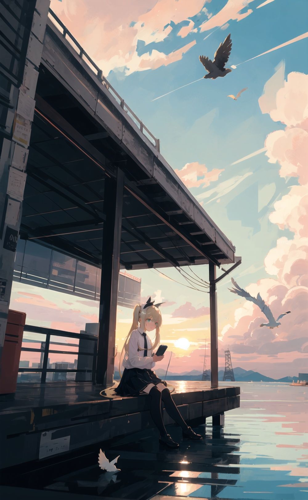 bird,dove,seagull,(1girl),flock, long_hair, twintails, pigeon, animal, bird_on_head, very_long_hair, floating_hair, detached_sleeves, sky, solo, skirt, thighhighs, cloud, necktie,cellphone, phone,smartphone, green_eyes, blonde_hair, long_hair, solo, food, blush, holding_phone,cloud, sky, day, cloudy_sky, scenery, blue_sky, outdoors, tree, no_humans, grass, power_lines,cloud, cloudy_sky, sky, scenery, blue_sky, day, tree, building, no_humans, city, horizon, outdoors, cityscape, ocean, sunset, water, mountain, road, bridge, skyscraper, power_lines, condensation_trail, railing,looking  afar,sitting