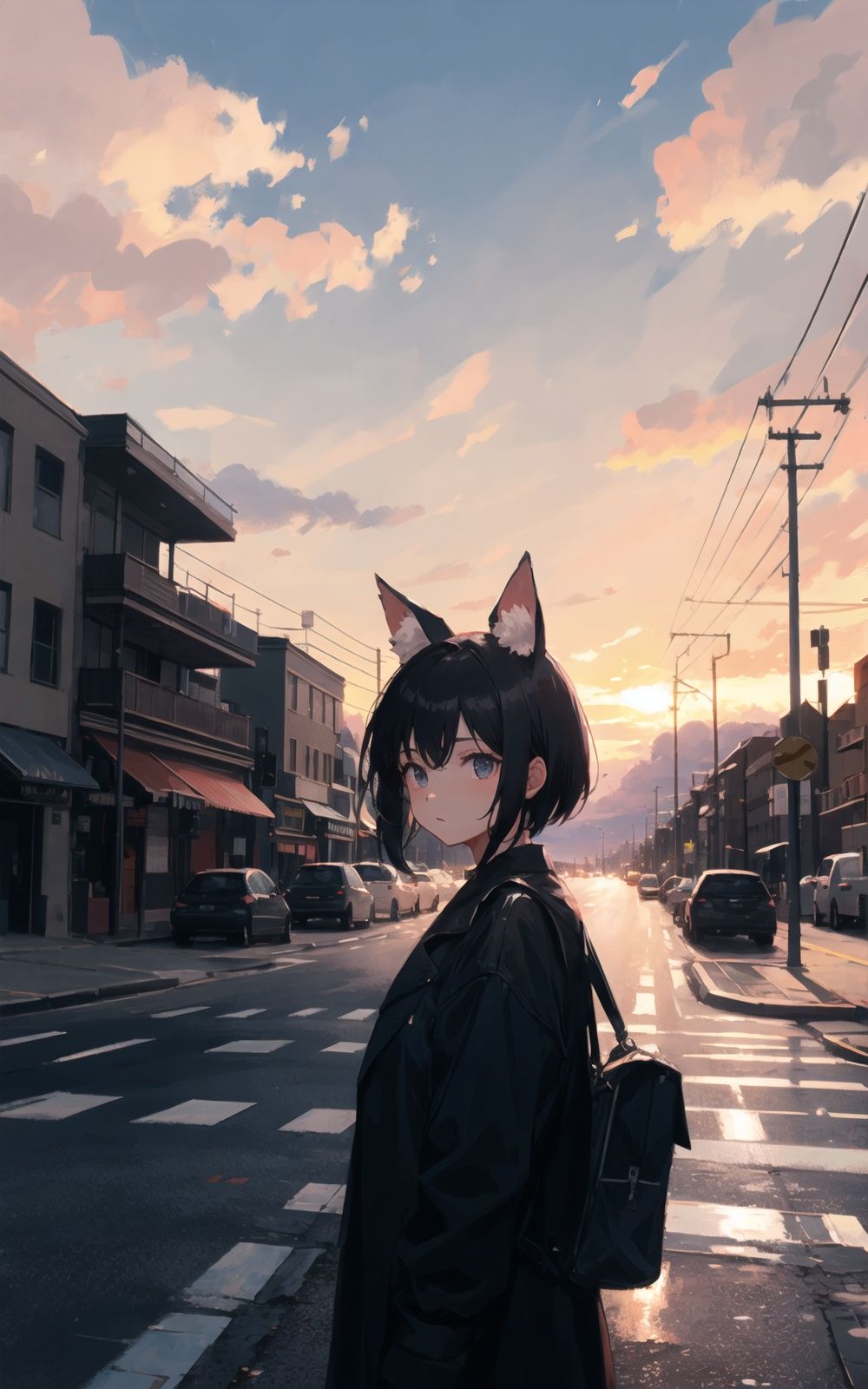 1girl, black_hair, animal_ears, solo, short_hair,sunset, power_lines, sky, scenery, utility_pole, cloud, outdoors, building, city, city_lights, road_sign
