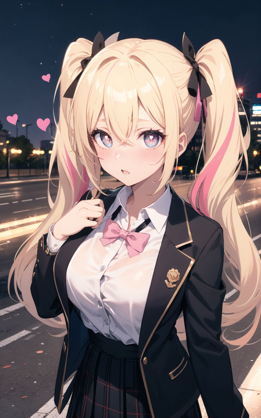 breasts,heart,jacket,long_hair,bow,bowtie,twintails,1girl,looking_at_viewer,button_gap,skirt,large_breasts,hair_between_eyes,shirt,blush,bangs,blonde hair,streaked hair,Pink pupils,gradient_eyes,rainbow,dusk,city,On the road