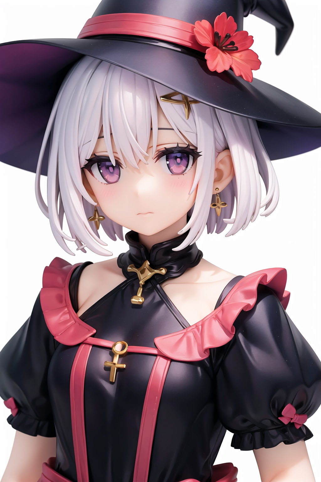 quality_best, style_onineko, (Distinct pupils)(Clear eyes), wizard hat, 1girl, solo, c, earrings, looking at viewer, flower, short hair, bangs, closed mouth, simple background, black headwear, white background, red flower, upper body, white hair, hair intakes, frills, purple eyes, hair ornament, expressionless, hat flower, eyelashes, best quality