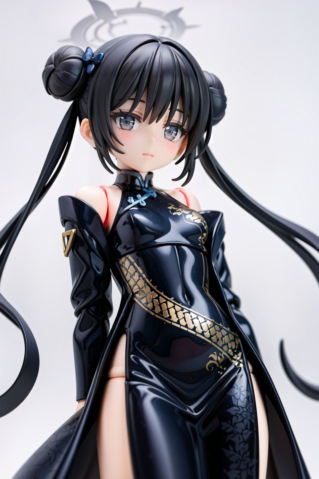 best quality,masterpiece,1girl,solo,solo focus,from below,disdain,<lora:妃咲:0.6>,kisaki(blue archive),gray eyes,twintails,double bun,black hair,long hair,Chinese dress,simple background,close-up,<lora:figma:0.8>,figma,