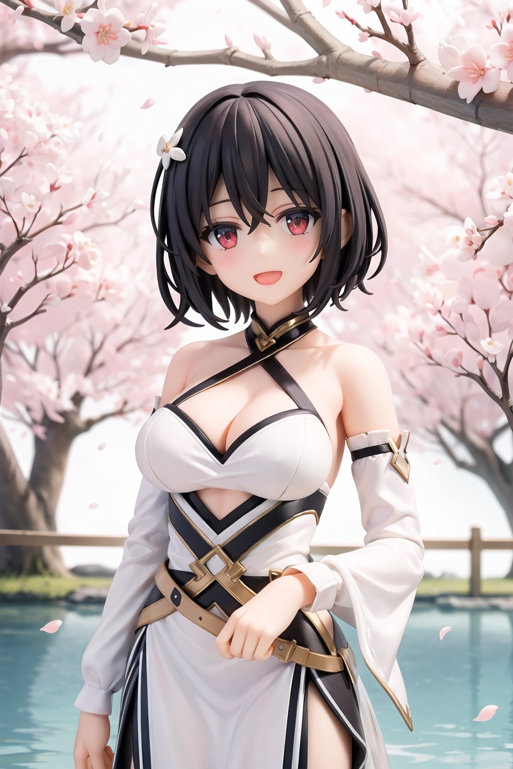 1girl,breasts,large breasts,cleavage,bare shoulders,black hair,red eyes,looking at viewer,solo,dress,halterneck,short hair,upper_body,outdoors,hair ornament,smile,detached sleeves,white dress,water,open mouth,day,long sleeves,tree,criss-cross halter,cherry blossoms,pelvic curtain,fairy tale girl,fantasy clothes,