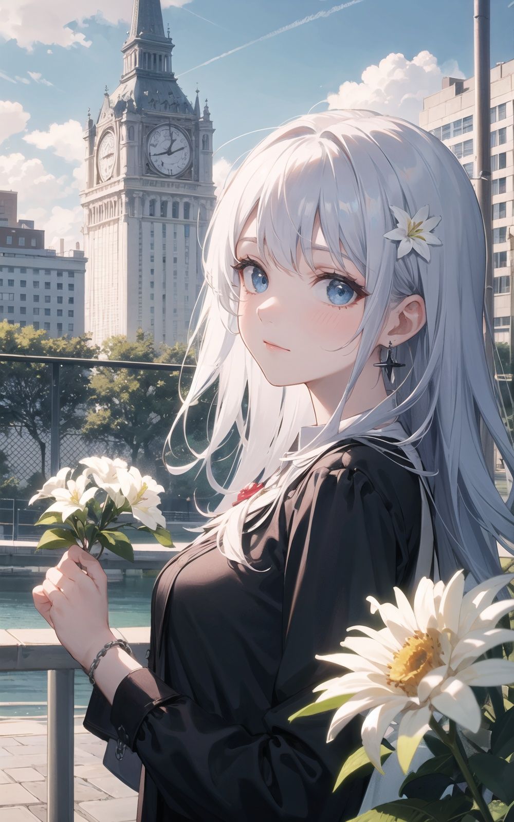 flower, lily_\(flower\), white_flower, 1girl, jewelry, earrings, daisy, white_rose, solo, blue_flower, holding_flower, rose, floral_background, blue_eyes, black_flower, bangs, long_hair, looking_at_viewer, plant, brooch, closed_mouth, portrait,building, scenery, tree, cloud,sky, house, city, outdoors, day, cloudy_sky, cityscape, blue_sky, solo, skyscraper, water, chain-link_fence, bridge, fence, real_world_location