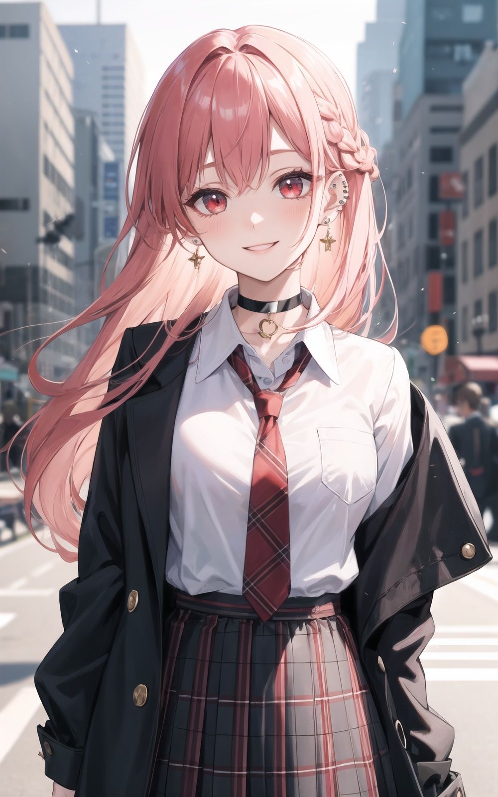 ((best quality)),(masterpiece:1.1),HD,high quality,8k,1girl, necktie, jewelry, long_hair, earrings, braid, smile, choker, plaid, solo, piercing, ear_piercing, red_eyes, blurry, looking_at_viewer, skirt, plaid_skirt, shirt, depth_of_field, jacket, white_shirt, very_long_hair, black_choker, collared_shirt, school_uniform