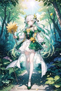  (1girl:0.6),thin,very long hair,(white hair),((green hair end)),small breasts,yellow eyes,closed mouth,green lolita,(Long handled Wooden staff),green leaf like hairpin,white silk stockings,happy,sun,sky,trees,flowers,forest,countryside,full body,masterpiece,best quality,official art,extremely detailed CG unity 8k wallpaper,backlight