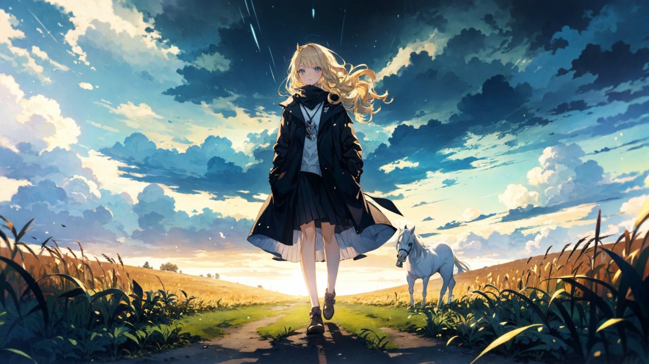  (1girl, solo), (white horse), blonde hair,long hair,wavy gair,cornfield, tree, distant storms, dark clouds, tornado,(mid shot, panorama,depth of field),full body,backlight