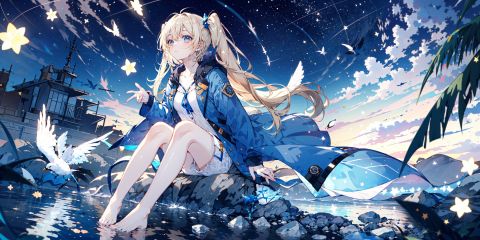  1girl,blonde hair,blue eyes,(very long twin tails,looking up),sharp hair,sitting,rocks,river,((reflection,night,star_(sky))),
stretch hand, (full body,mid shot,depth of field),(birds),(from above:1.2),dark_blue down coat,bare leg,shorts,(blurry background),backlight, xinniang