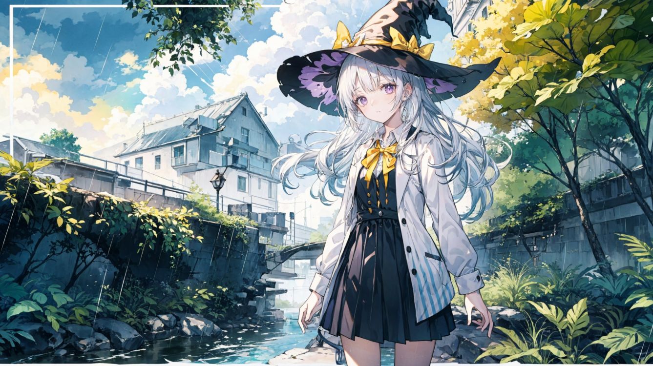  1girl, ahoge, (standing,dark clouds,overcast sky,panorama,tree,stone road,river,rainy),dynamic pose, elaina (majo no tabitabi), smile, purple eyes, solo, long hair, bangs, floating leaves,(outdoors),:o, shirt, skirt, bow, white hair, blush, long sleeves,vertical stripes, striped, collared shirt, potted plant, cover image, vertical-striped dress, yellow ribbon,open clothes,witch hat,mid shot,(silver hair),backlight