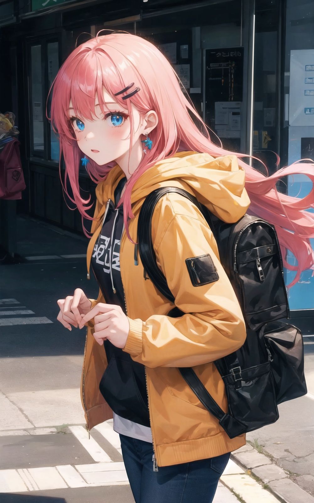 1girl, earrings, bag, hood, long_hair, hair_ornament, hairclip, solo, jewelry, looking_at_viewer, hood_down, backpack, hoodie, long_sleeves, jacket