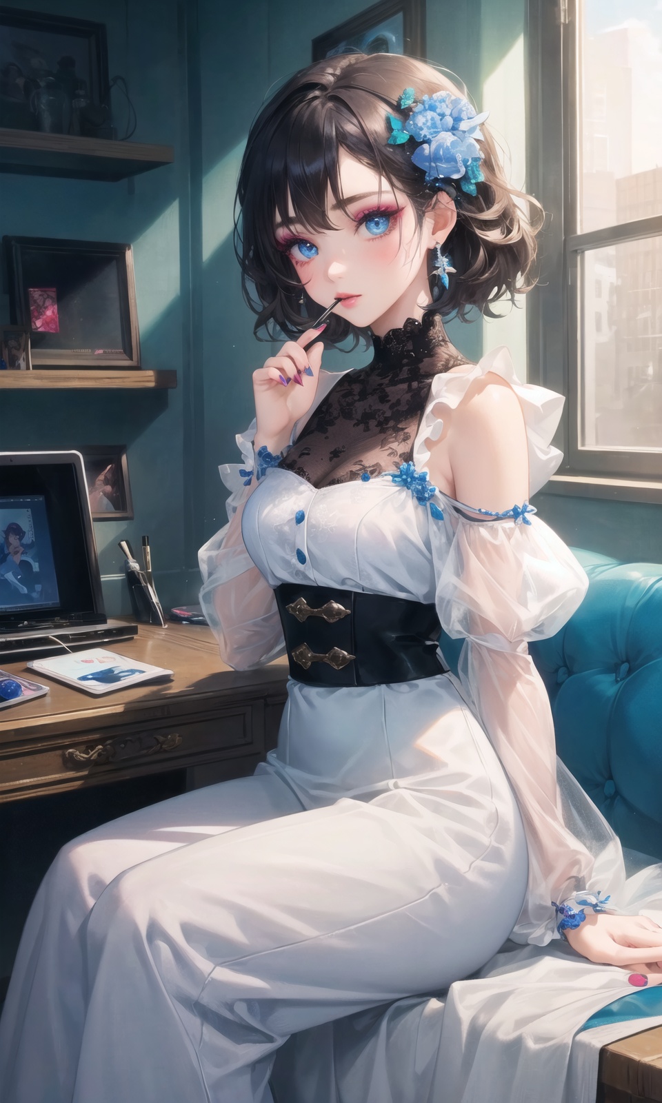 (masterpiece, top quality, best quality, official art, beautiful and aesthetic:1.2,ray tracing1.4), (1girl:1.3), Smoked makeup, makeup, manicures, eyelashes, bright eyes, blue eyes, delicate hair, clothing accessories, clothing textures,