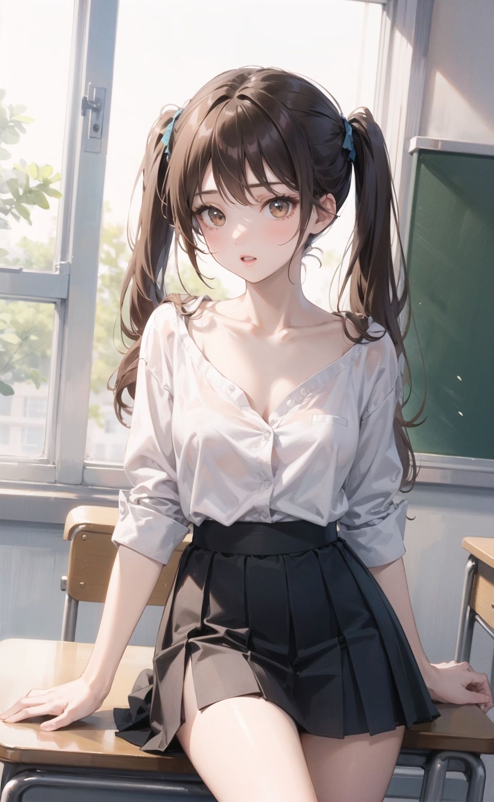 1girl, white skin, tall, collarbone, brown hair, long hair, twintails, white  shirt, classroom