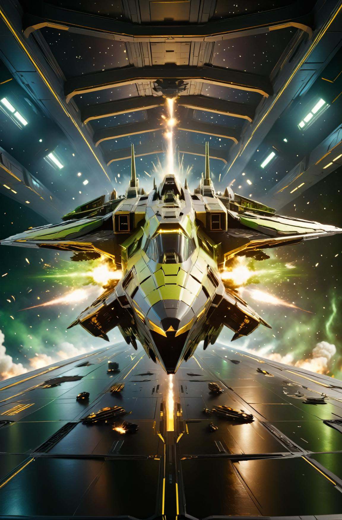 masterpiece, photorealistic highly detailed 8k photography, best cinematic quality, volumetric lighting and shadows, sharp intricate details, <lora:SpaceCraft_XL-000005:1> Tiny symmetric Yellow Green spcrft destroying a space warship, mini wings, explosions, space battle background, low-angle shot