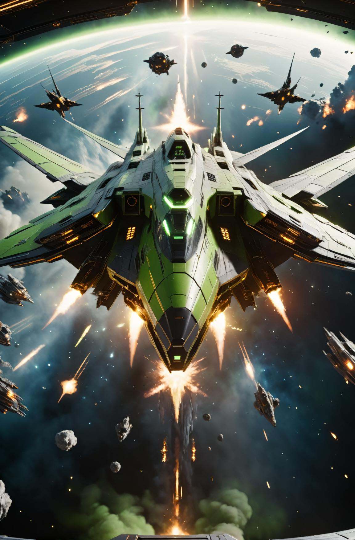 masterpiece, photorealistic highly detailed 8k photography, best cinematic quality, volumetric lighting and shadows, sharp intricate details, <lora:SpaceCraft_XL-000005:1> Compact symmetric Bright Green spcrft destroying a space warship, Large wings, explosions, space battle background, Point-of-view shot