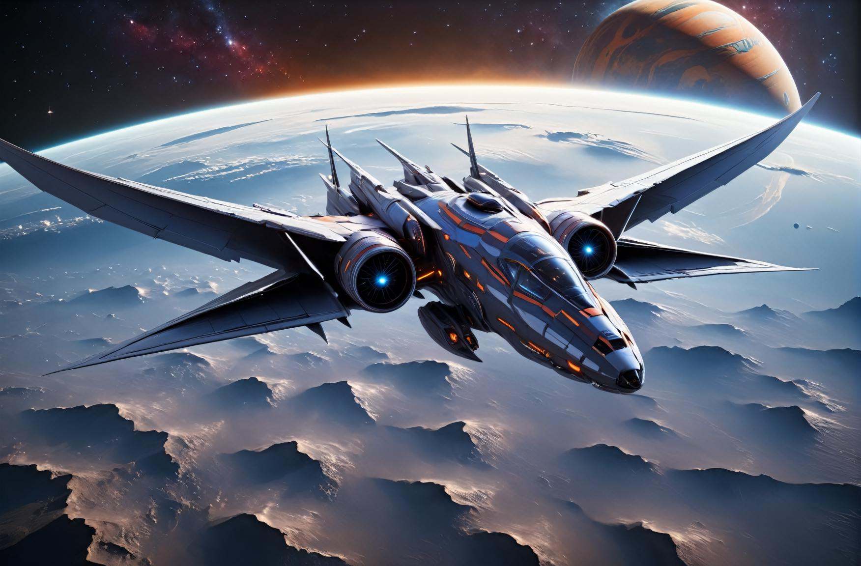 masterpiece, photorealistic highly detailed 8k photography, best cinematic quality, volumetric lighting and shadows, sharp intricate details, <lora:SpaceCraft_XL-000005:1> Enormous symmetric Periwinkle spcrft, Large wings, stunning space landscape background with planets and stars, Aerial view