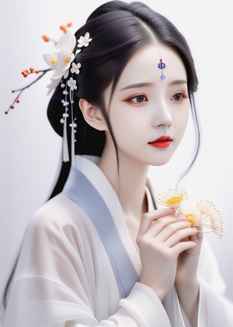 hanfu style, 1girl, solo, flower, black hair, realistic, hair ornament, lips, hair flower, parted lips, portrait, black eyes, close-up, nose, white background