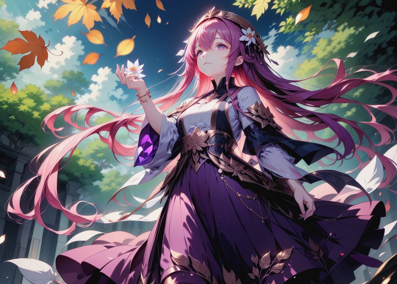 Best quality,masterpiece,ultra high res,(dynamic angle),Anime style, 1girl, long hair, hair ornament, dress, solo, pink hair, leaf, jewelry, flower, purple dress, 