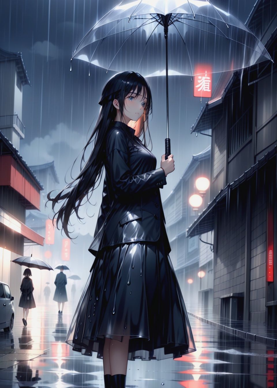 Best quality,masterpiece,ultra high res,(dynamic angle),Anime style, 1girl, rain, solo, long hair, umbrella, transparent umbrella, outdoors, holding, black hair, skirt, holding umbrella, jacket, transparent, building, long skirt, very long hair, scenery, standing, sky, looking at viewer, black jacket