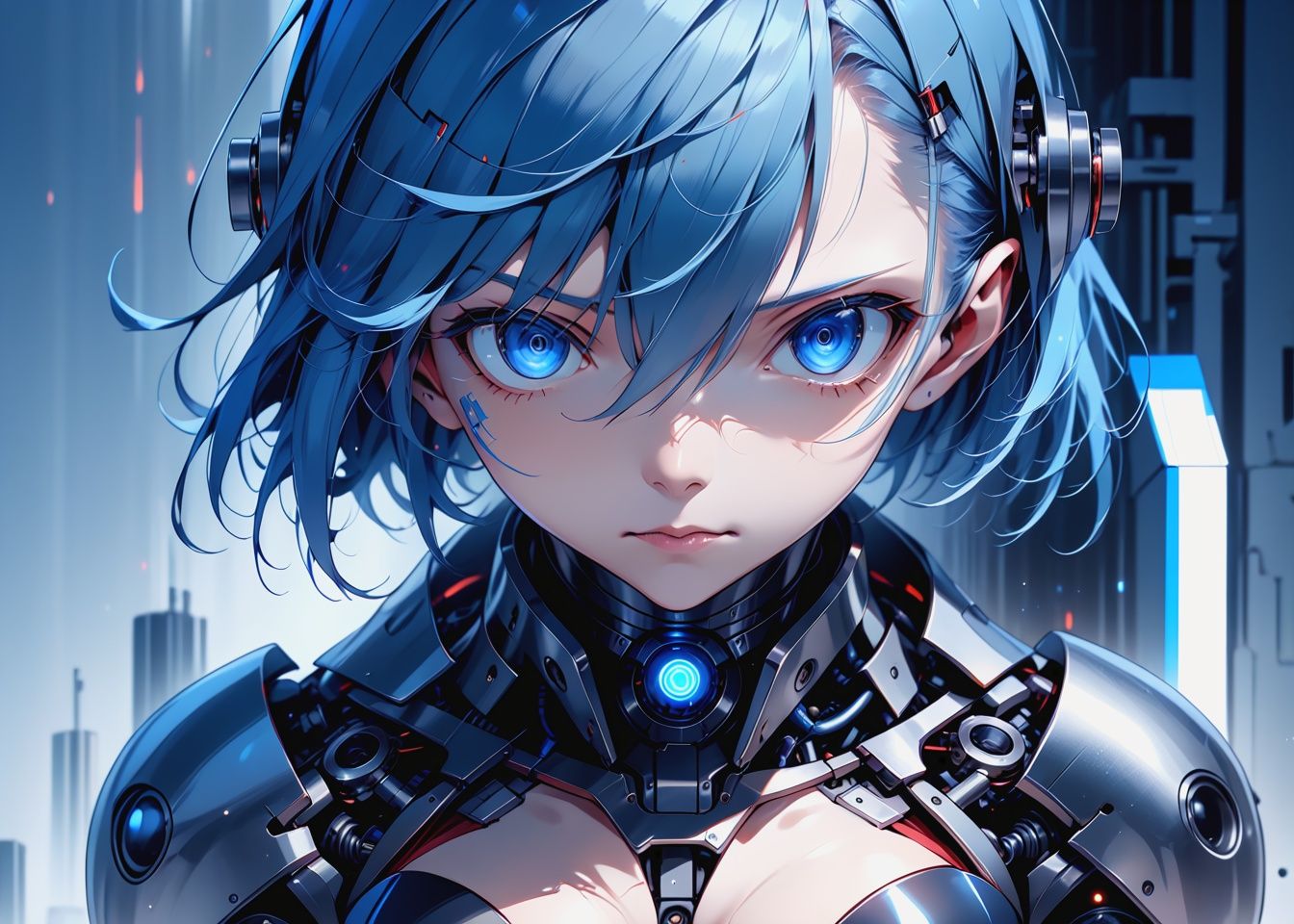 Best quality,masterpiece,ultra high res,(dynamic angle),Anime style, 1girl,solo,blue eyes,blue hair,short hair,breasts,android,mechanical parts,closed mouth,bangs,looking at viewer,