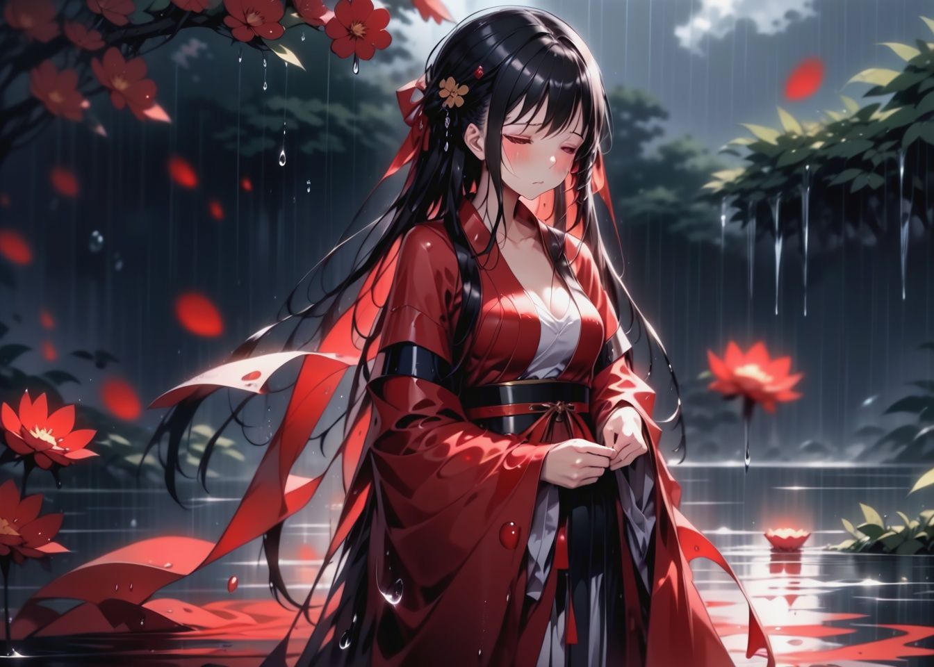 Best quality,masterpiece,ultra high res,(dynamic angle),Anime style, 1girl, solo, hair ornament, flower, black hair, rain, long hair, wet, crying, hair flower, tears, crying with eyes open, wet clothes, brown eyes, upper body, breasts, see-through, sash, outdoors, red flower, chinese clothes, blush, bangs,
