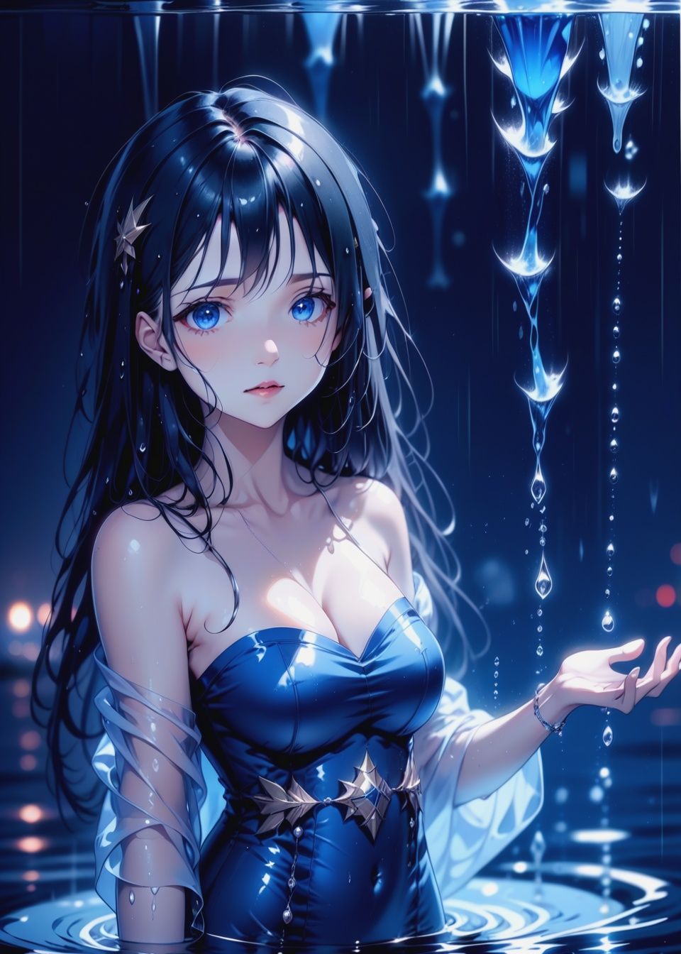 Best quality,masterpiece,ultra high res,(dynamic angle),Anime style, 1girl, solo, long hair, wet hair, wet, looking at viewer, jewelry, dress, water, black hair, bracelet, parted lips, breasts, blue dress, blue eyes, night, blurry, bare shoulders, wet clothes, lips, partially submerged, eyelashes, see-through, clothing cutout, upper body, bangs, blue background, artist name, depth of field