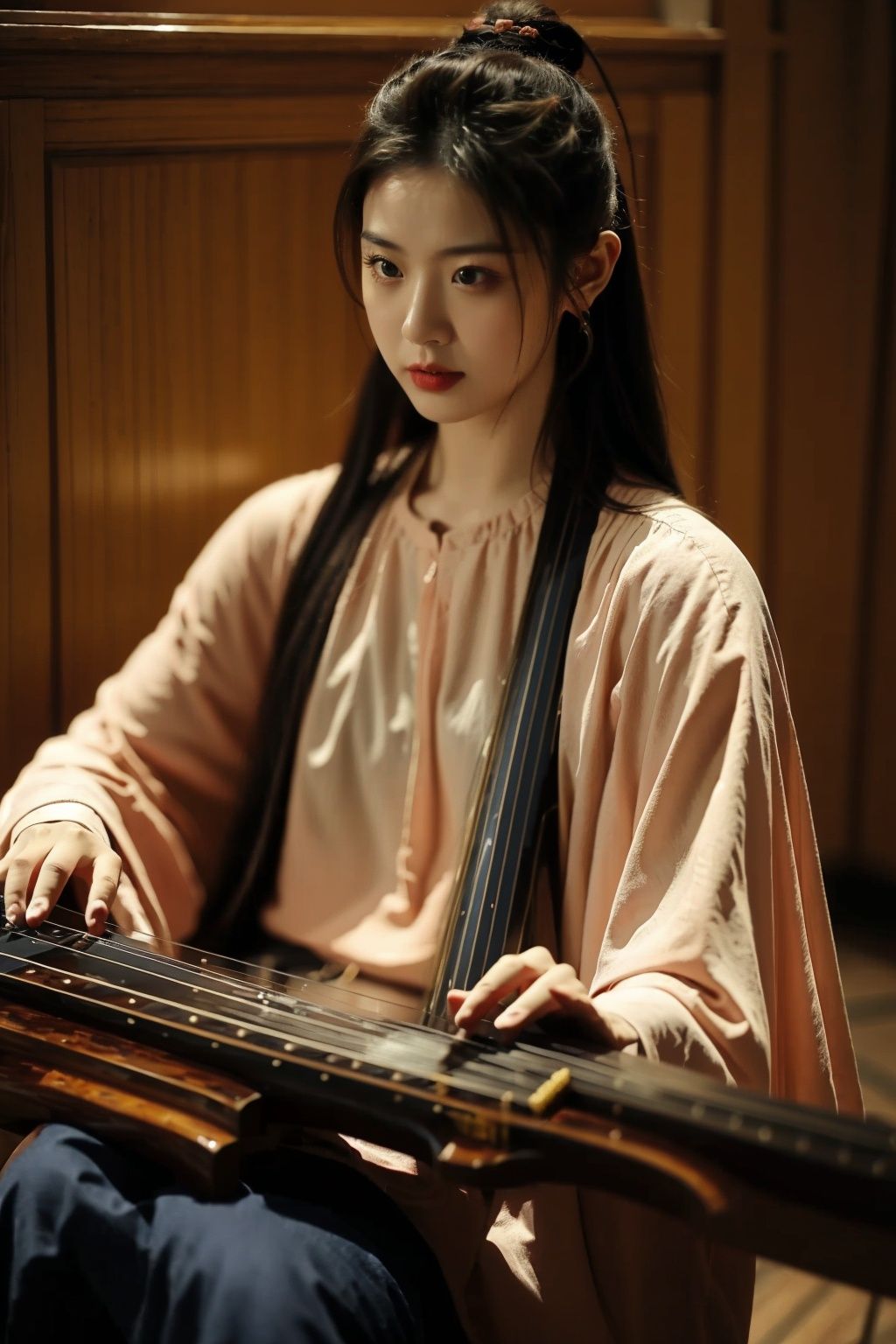  absurdres,incredibly absurdres,reality,realistic,,(solo:1.2), ,,1girl,,full_shot,guqin,the seven-stringed instrument,Correct Seven String Qin Structure