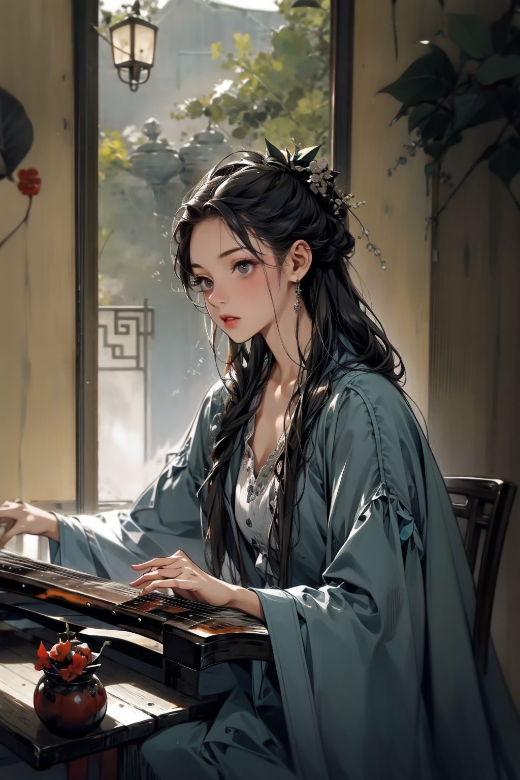  absurdres,incredibly absurdres,reality,realistic,,(solo:1.2), ,,1girl,,full_shot,guqin,
