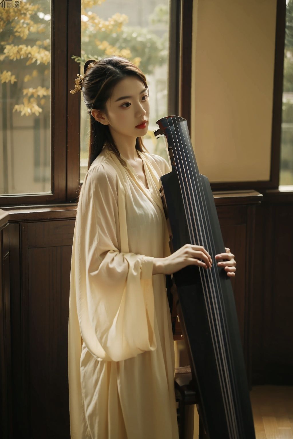  absurdres,incredibly absurdres,reality,realistic,,(solo:1.2), ,,1girl,,full_shot,guqin,the seven-stringed instrument,Correct Seven String Qin Structure