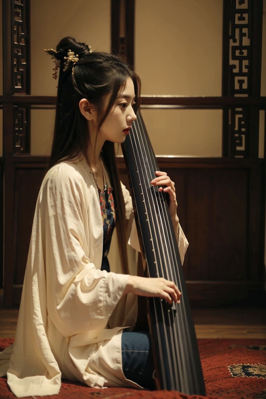 absurdres,incredibly absurdres,reality,realistic,,(solo:1.2), ,,1girl,,full_shot,guqin,Correct Seven String Qin Structure