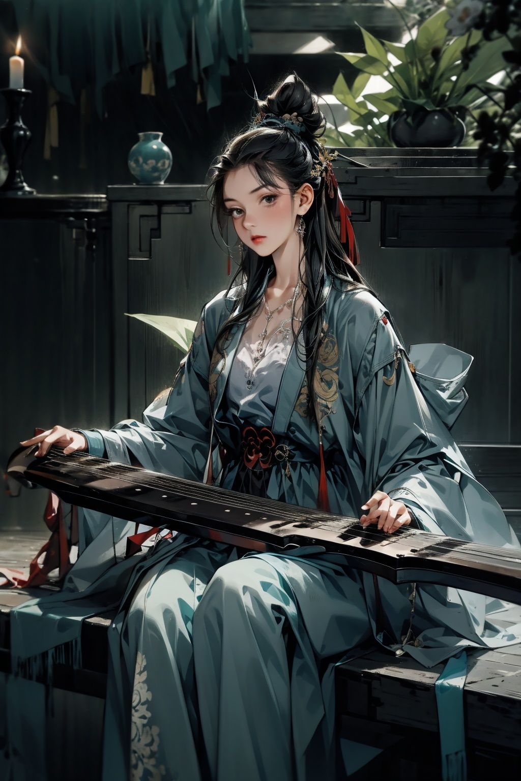  absurdres,incredibly absurdres,reality,realistic,,(solo:1.2), ,,1girl,,full_shot,guqin,