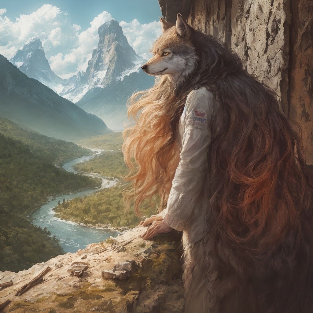 A wolf,Extremely realistic,long - haired,stand,person,In the mountains,clarity,Hair is distinct,Bright colors,full_shot,panorama,woods,rivers,, masterpiece, best quality,