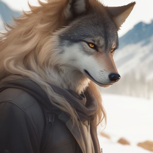 A wolf,Extremely realistic,long - haired,stand,person,In the mountains,clarity,Hair is distinct,