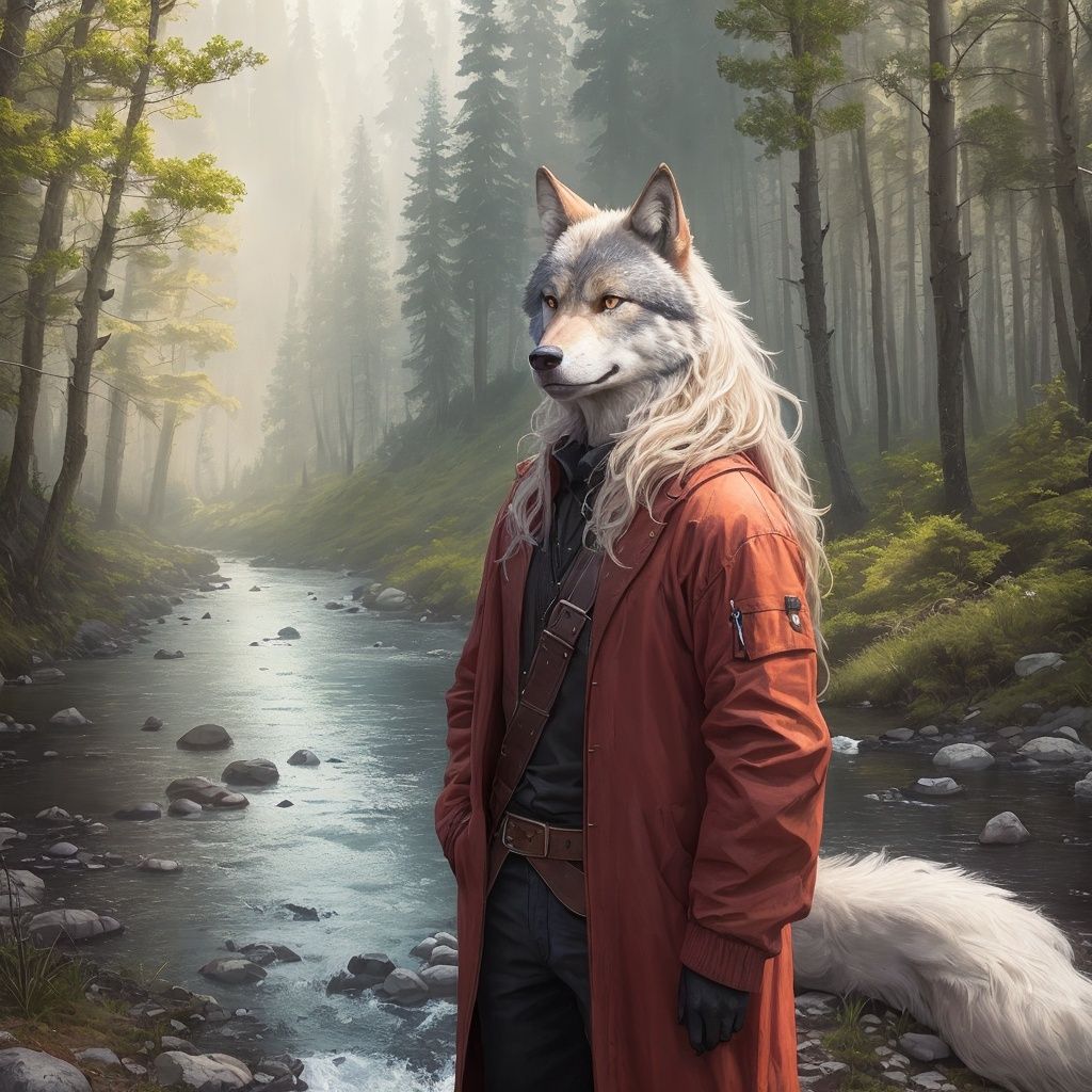 A wolf,Extremely realistic,long - haired,stand,person,In the mountains,clarity,Hair is distinct,Bright colors,full_shot,panorama,woods,rivers,, masterpiece, best quality,