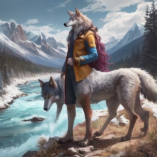 A wolf,Extremely realistic,long - haired,stand,person,In the mountains,clarity,Hair is distinct,Bright colors,full_shot,panorama,woods,rivers,