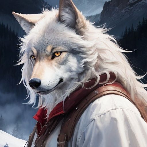 A wolf,Extremely realistic,long - haired,stand,person,In the mountains,clarity,Hair is distinct,Bright colors,full_shot,