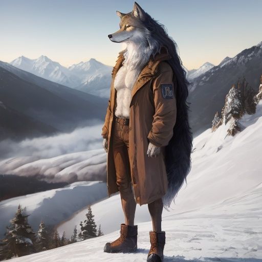 A wolf,Extremely realistic,long - haired,stand,person,In the mountains,clarity,Hair is distinct,Bright colors,full_shot,