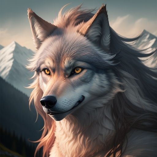 A wolf,Extremely realistic,long - haired,stand,person,In the mountains,clarity,Hair is distinct,Bright colors,full_shot,