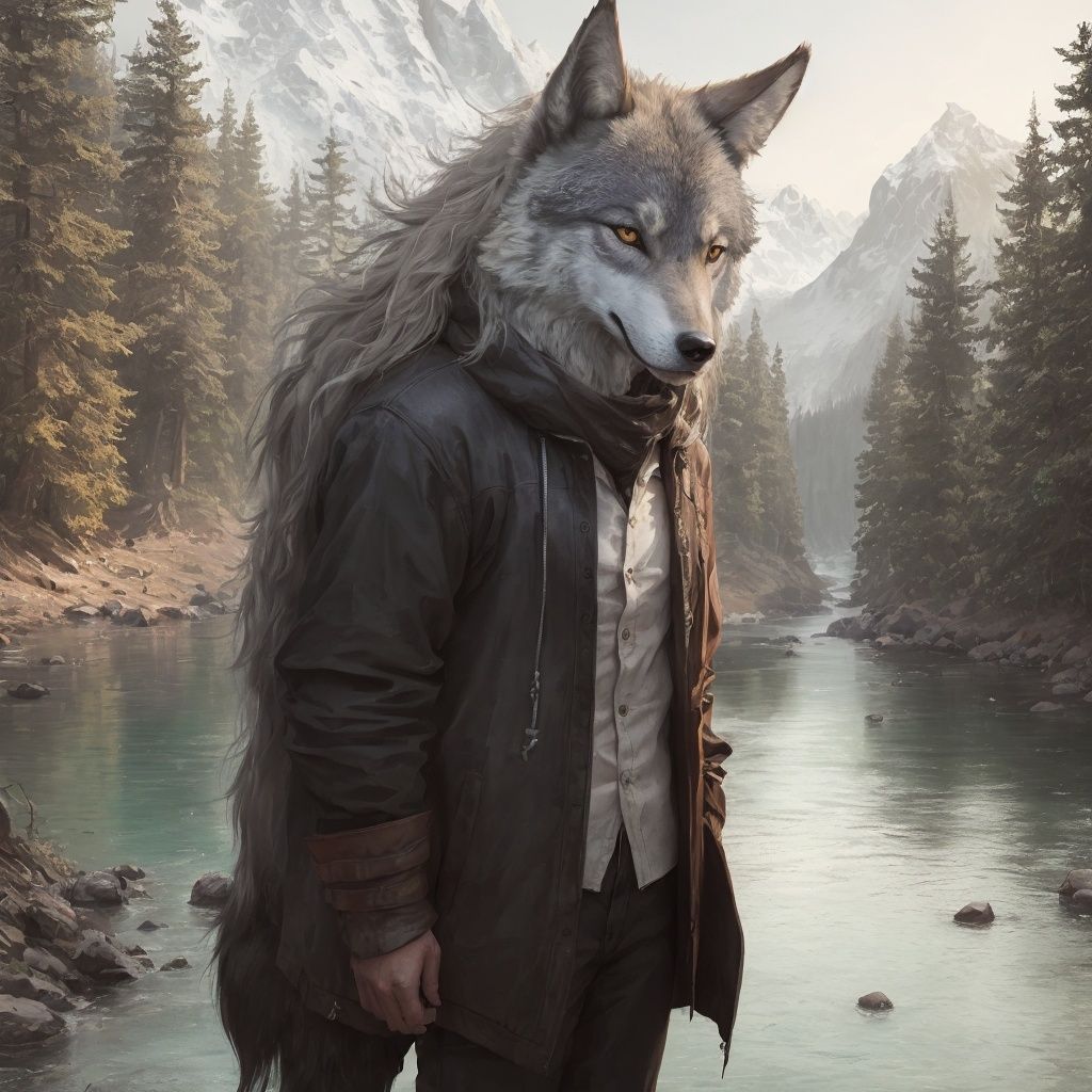 A wolf,Extremely realistic,long - haired,stand,person,In the mountains,clarity,Hair is distinct,Bright colors,full_shot,panorama,woods,rivers,, masterpiece, best quality,