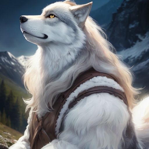 A wolf,Extremely realistic,long - haired,stand,person,In the mountains,clarity,Hair is distinct,Bright colors,full_shot,