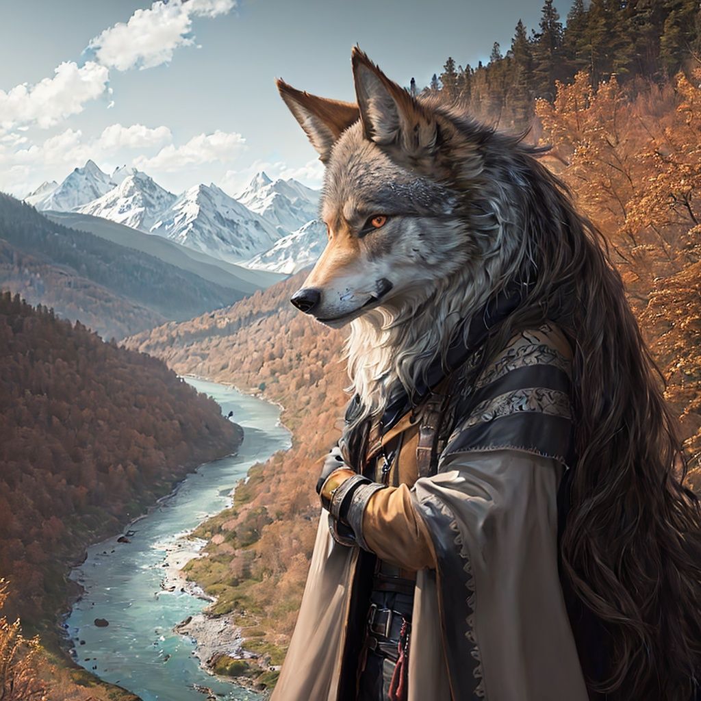 A wolf,Extremely realistic,long - haired,stand,person,In the mountains,clarity,Hair is distinct,Bright colors,full_shot,panorama,woods,rivers,, masterpiece, best quality,