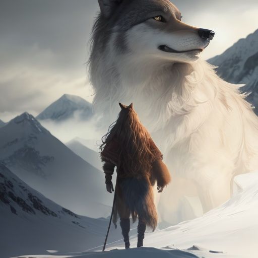 A wolf,Extremely realistic,long - haired,stand,person,In the mountains,clarity,Hair is distinct,Bright colors,full_shot,