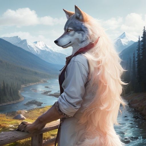 A wolf,Extremely realistic,long - haired,stand,person,In the mountains,clarity,Hair is distinct,Bright colors,full_shot,panorama,woods,rivers,