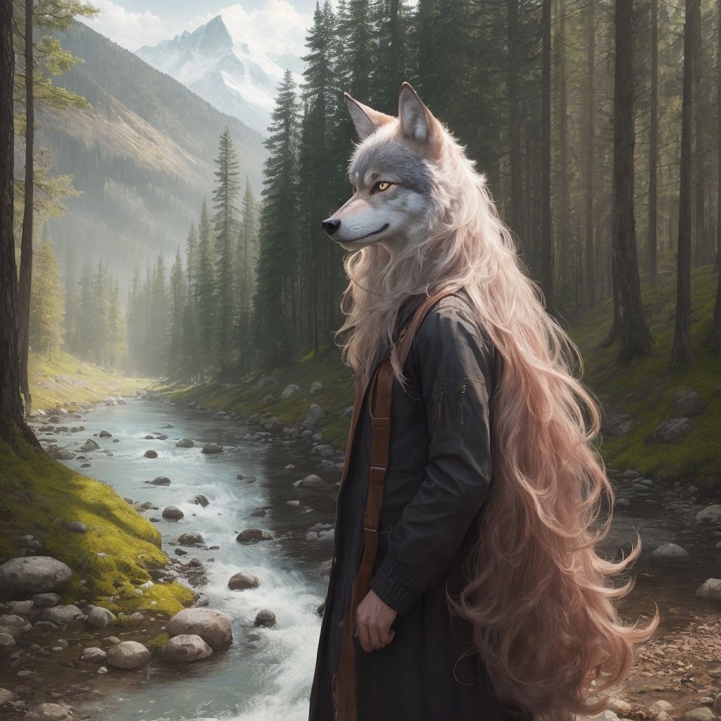 A wolf,Extremely realistic,long - haired,stand,person,In the mountains,clarity,Hair is distinct,Bright colors,full_shot,panorama,woods,rivers,, masterpiece, best quality,