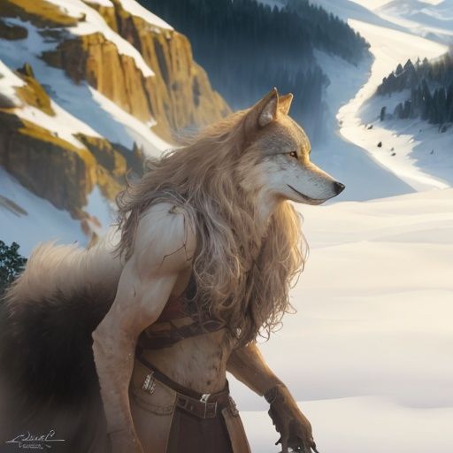 A wolf,Extremely realistic,long - haired,stand,person,In the mountains,clarity,Hair is distinct,Bright colors,Body,