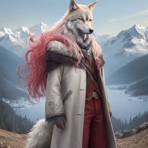 A wolf,Extremely realistic,long - haired,stand,person,In the mountains,clarity,Hair is distinct,Bright colors,full_shot,